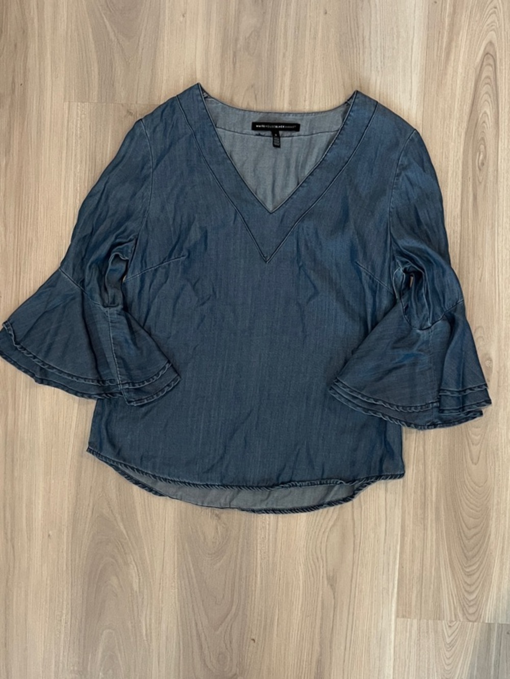 White House Black Market Indigo V-Neck Ruffle Sleeve Blouse